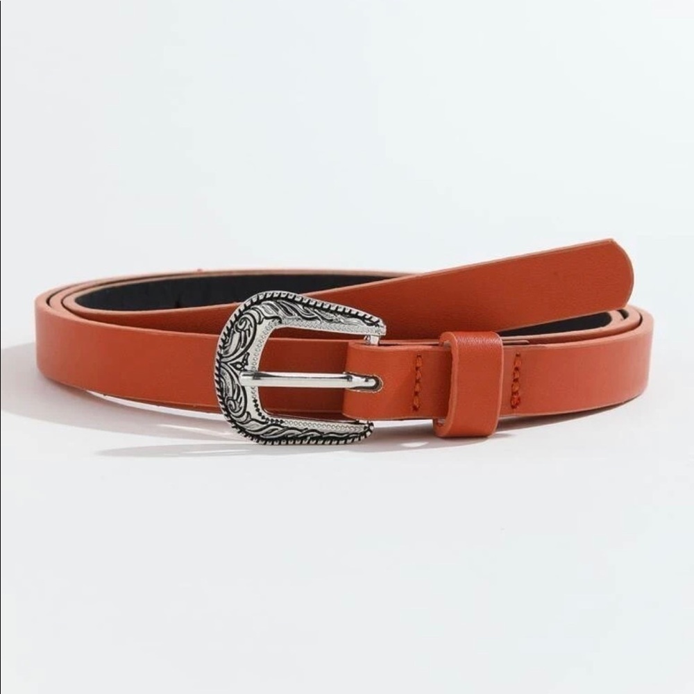 Orange Vegan Leather Silver Buckle Belt